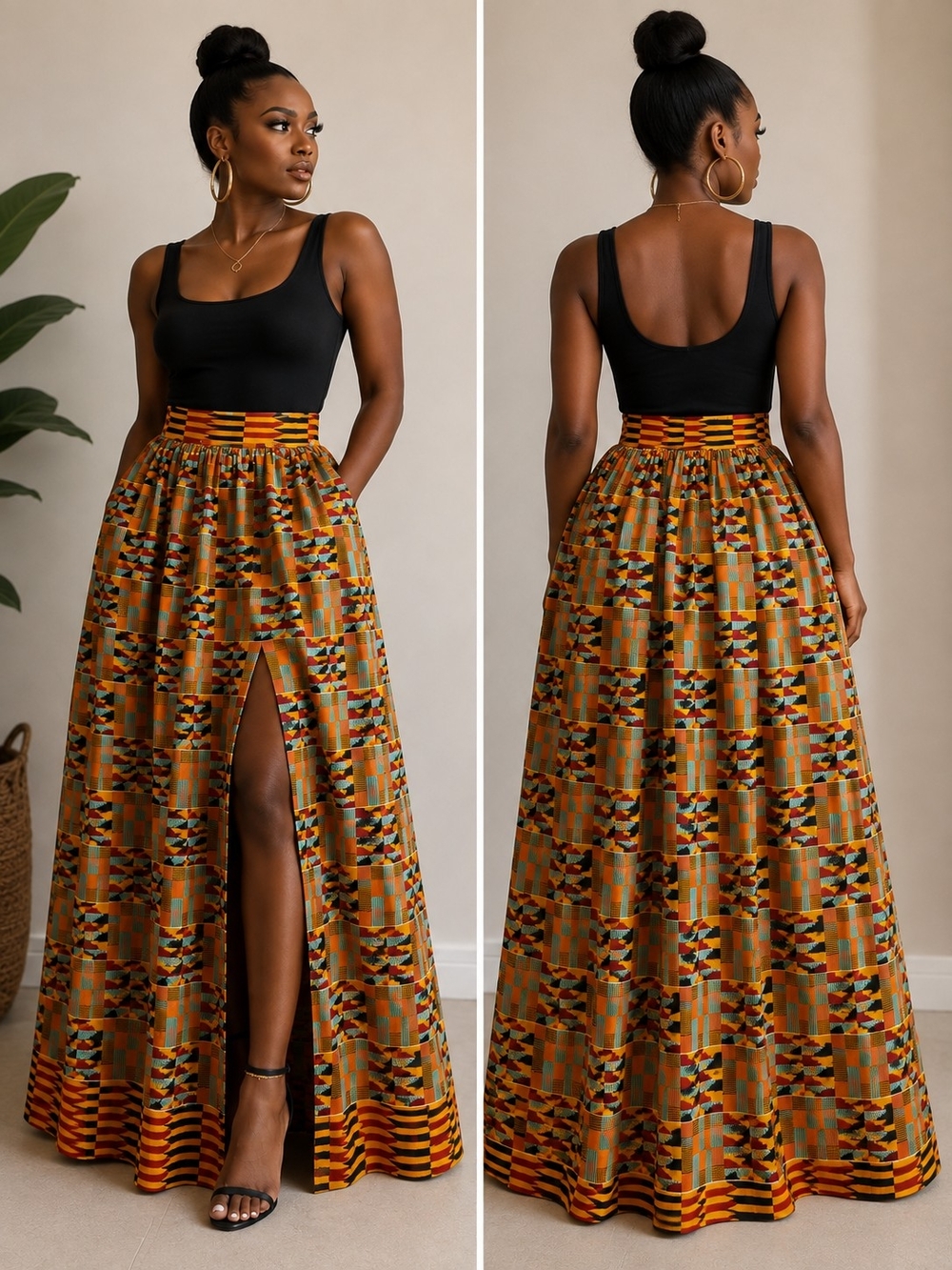 Maxi Ankara Print Skirt with Front Slit - Black & Multicolor 🔥😮‍💨🫰🏾